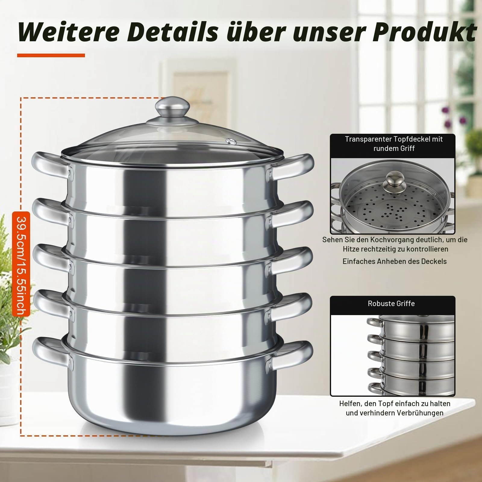 5 Lagiger Dampfgarer, 30cm Multifunktionale Edelstahl Steamer Dampfkocher Kochtopf Set mit Glasabdeckung, Silbrig Edelstahldampfer Topf für Alle Herdarten wie Induktion, Elektrokeramik, Elektro