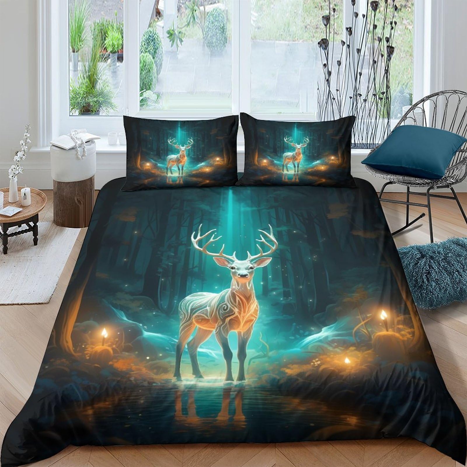 Ctjqhvkz Style-4 3D Printed Forest Deer Fitted Sheet Microfiber Soft Breathable Glowing Stag Mattress Cover For Bedroom Dorm Decor Single（135X200cm）