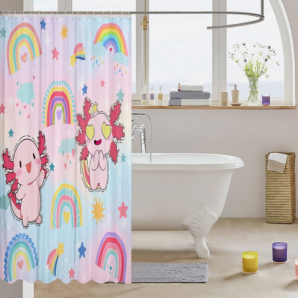 Castle Fairy Axolotl Shower Curtains Cartoon Rainbow Stars Cloud Bathroom Curtain for Kids Girls Teens Watercolor Pink Blue Waterproof Curtains Cute Axolotl Bath Curtains with 12 Hooks,72" Wx78 L