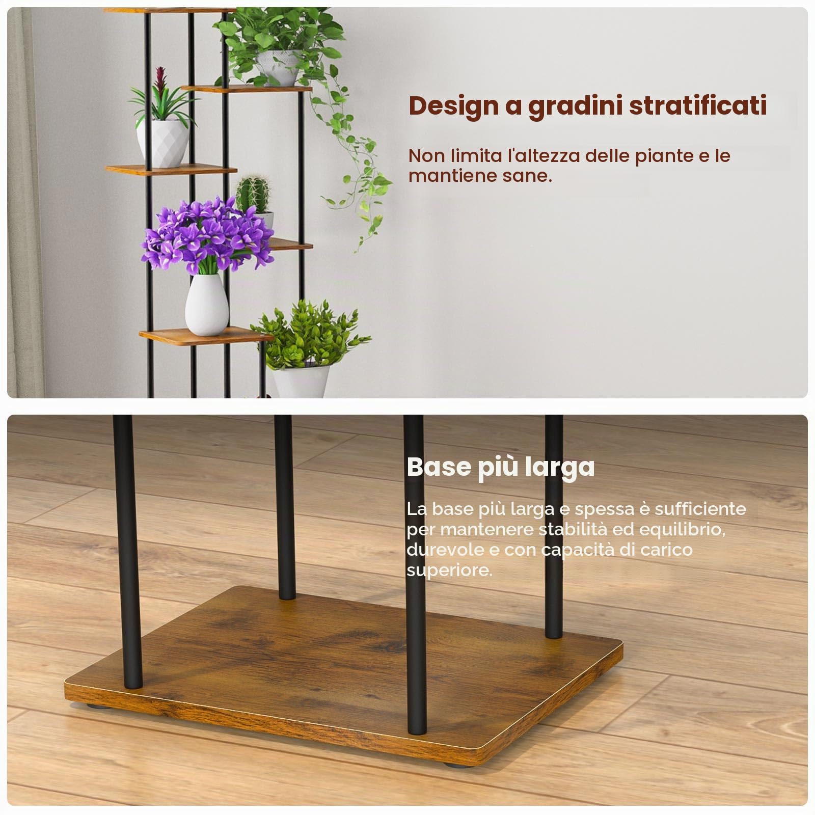 Scaffale Portafiori in Metallo 7 Ripiani Porta Piante Da Interno 30x39x130 cm Supporto Per Piante In Legno Adatto per Interni ed Esterni, Decorazione per Balcone da Giardino, Soggiorno, Ufficio, Nero
