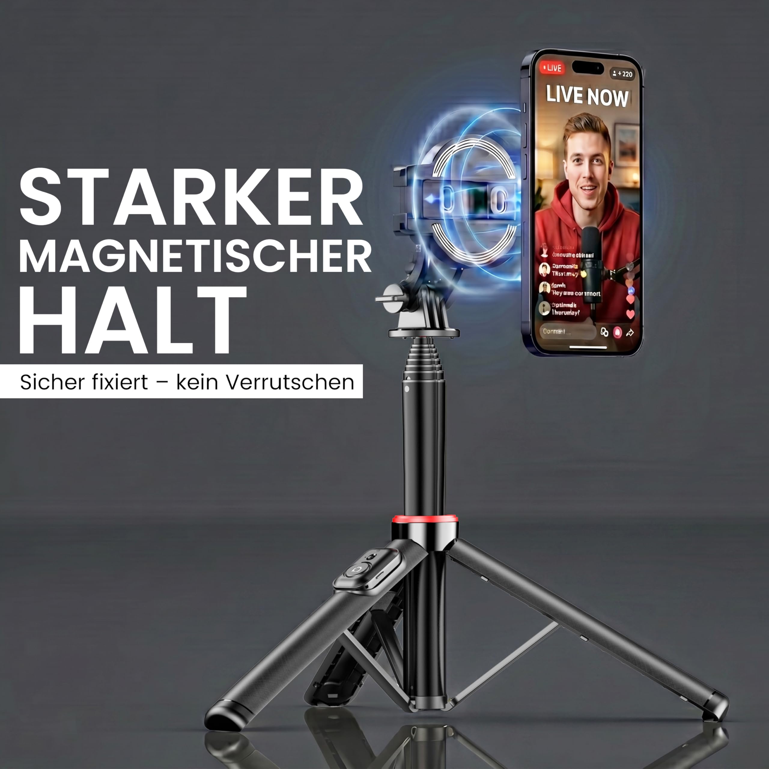 Amayo - Palo selfie magnético con soporte para MagSafe para smartphone, trípode Bluetooth con control remoto, soporte magnético para selfie stick, accesorio magnético para iPhone 15, 16, 17, Huawei