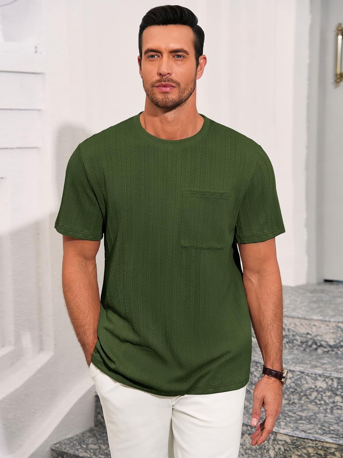 Runcati Mens Short Sleeve T-Shirts Casual Knit Texture Crewneck Pocket Tee Tops Loose Fit Summer Shirt - Image 2