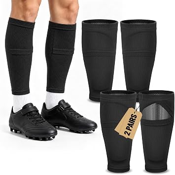 Kids Soccer Shin Guard Sleeves 2 Pairs with Pocket, Youth Shin Pad Holders for Boys & Girls Ages 315, Breathable Non-Slip Soccer Compression Sleeves for Training & Games