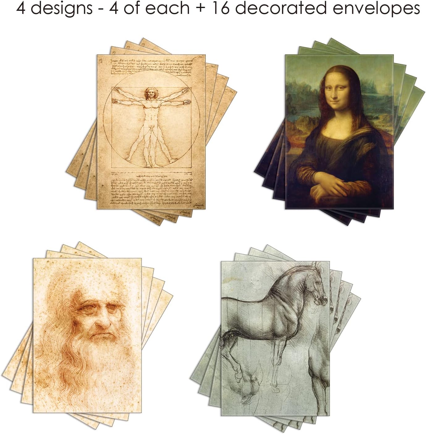 RainCaper Fine Art Keepsake 5x7 Blank Stationery da Vinci Greeting Note Cards With Decorative Envelopes, Gift Boxed Set of 16 | 300 GSM Cardstock (da Vinci Favorites)