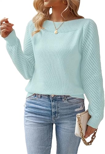 Womens Sweaters Casual Long Crochet Sleeve Boat Neck Lightweight Fall Pullover Sweater Tops
