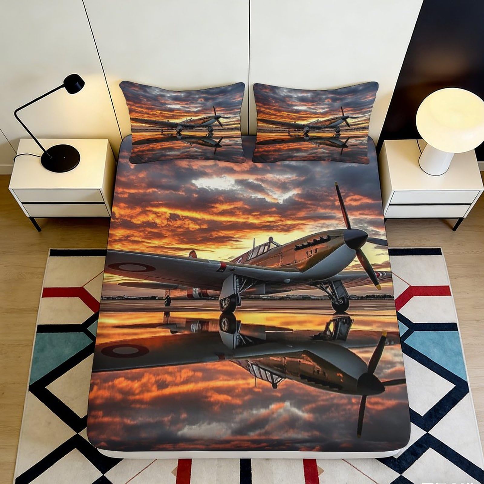 3D Printed Vintage Airplane Fitted Sheet Microfiber Soft Breathable Sunset Sky Bed Cover for Bedroom Dormitory Guest Room Mattress Protection 120x200x25cm