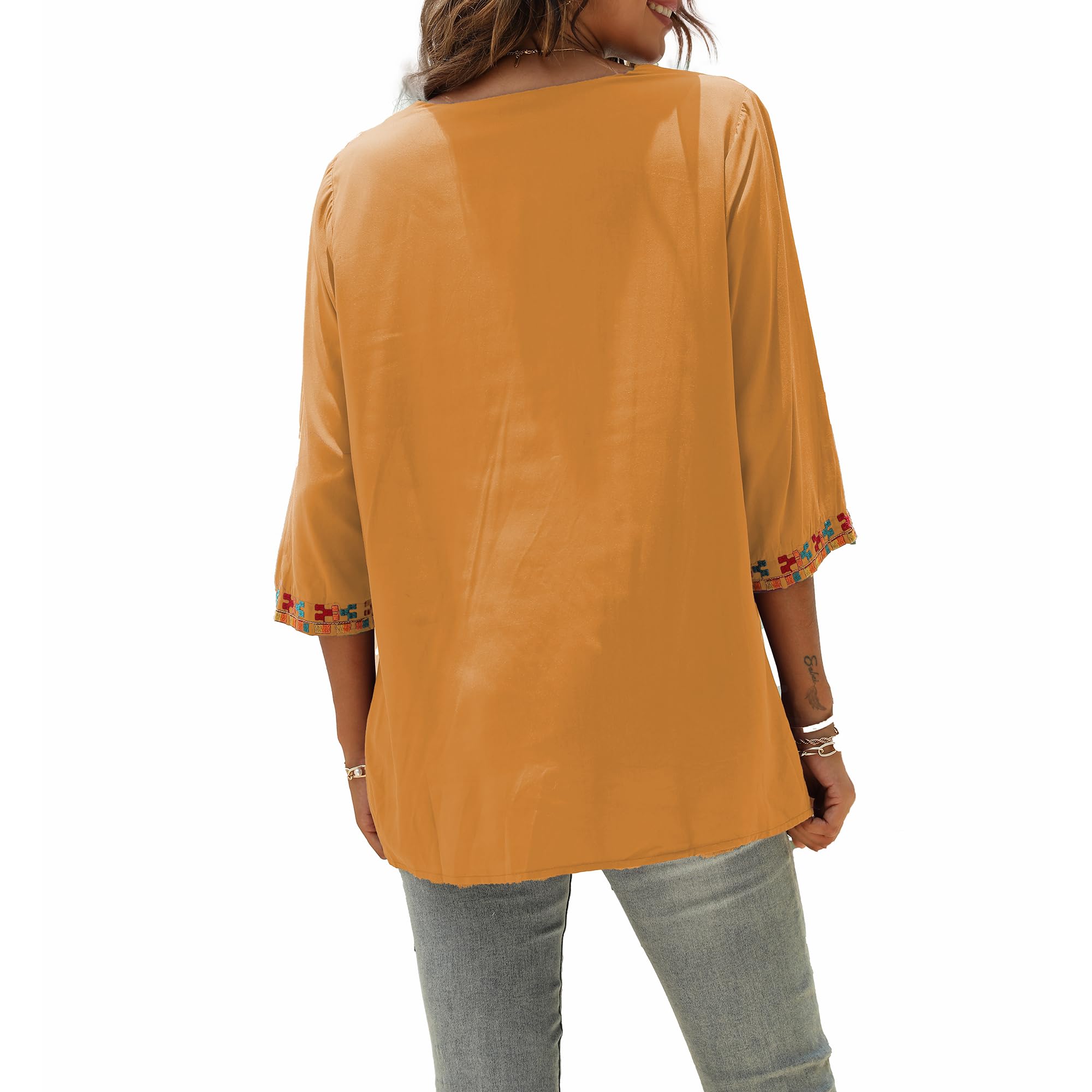 Hippie Vêtements Dames Bohème Folklore Broderie Blouse Manches 3/4 Col V Tunique D'été Haut Décontracté(328,Couleur Orange,2XL)