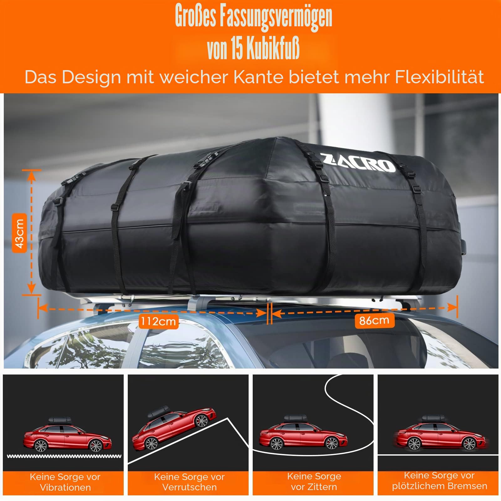 Zacro 425L Dachbox Autodachtasche Dachbox, Dachträger wasserdichte Dachtasche für alle Autos mit/ohne Gepäckträger, Dachtasche, Aufbewahrungsbox für Gepäcktransport