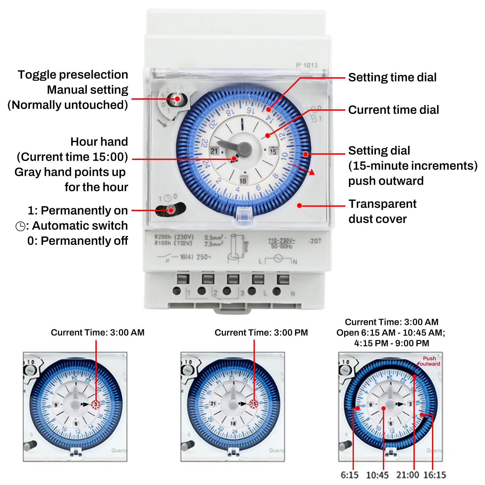 Jadeshay Horloge Piscine Mécanique 16A 250VAC Programmateur Piscine Horloge Chauffe Eau 15 Minutes 24 Heures pour Hogar, Cocina, Interior, Exterior Iluminación Exterior