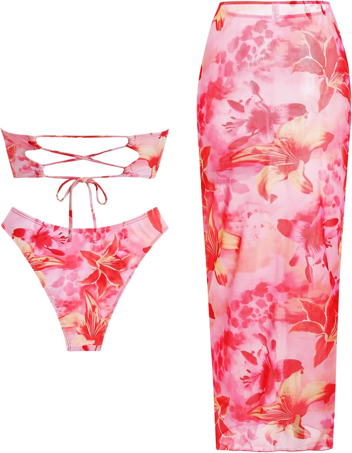 ZAFUL Womens 3pcs Bikini Swimsuits Bandeau 3 Piece Swimwear High Cut Bikini Sets with Long Sheer Coverup Dress