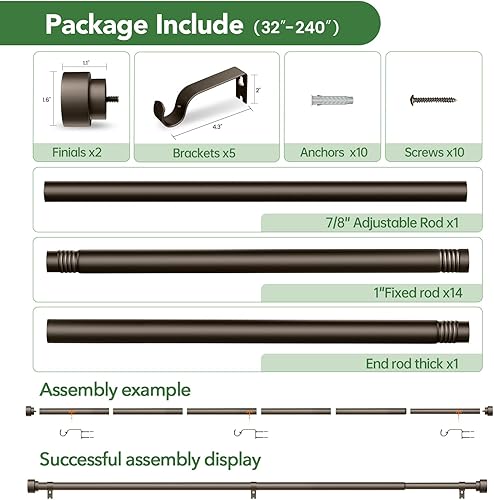 Miniatura 115 de Barras de cortina para ventanas de 28 a 48 pulgadas, barra de cortina ajustable de 1 pulgada, barra de cortina larga resistente para ventana, barras