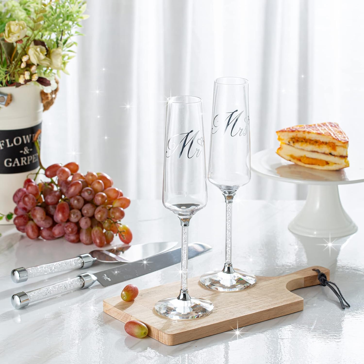 Wedding Cake Knife and Server Set, Mr and Champagne Flutes with Wedding Cake Cutting Set for Bride and Groom Toasting (Clear)