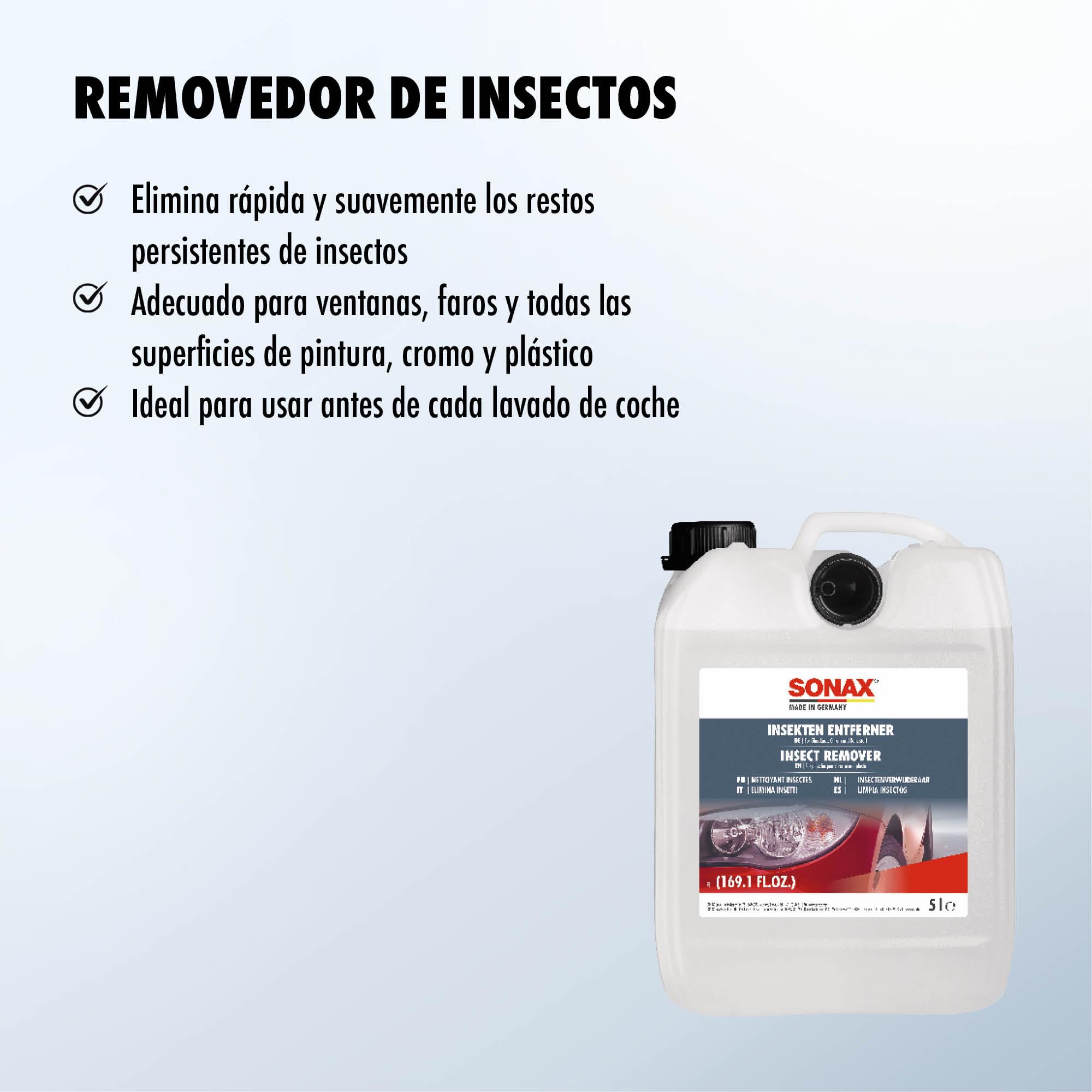 SONAX 05335000 - Control de Moscas, 5L, Color Blanco | Limpiador especial para eliminar residuos de insectos de superficies de vidrio, pintura, cromo y plástico.
