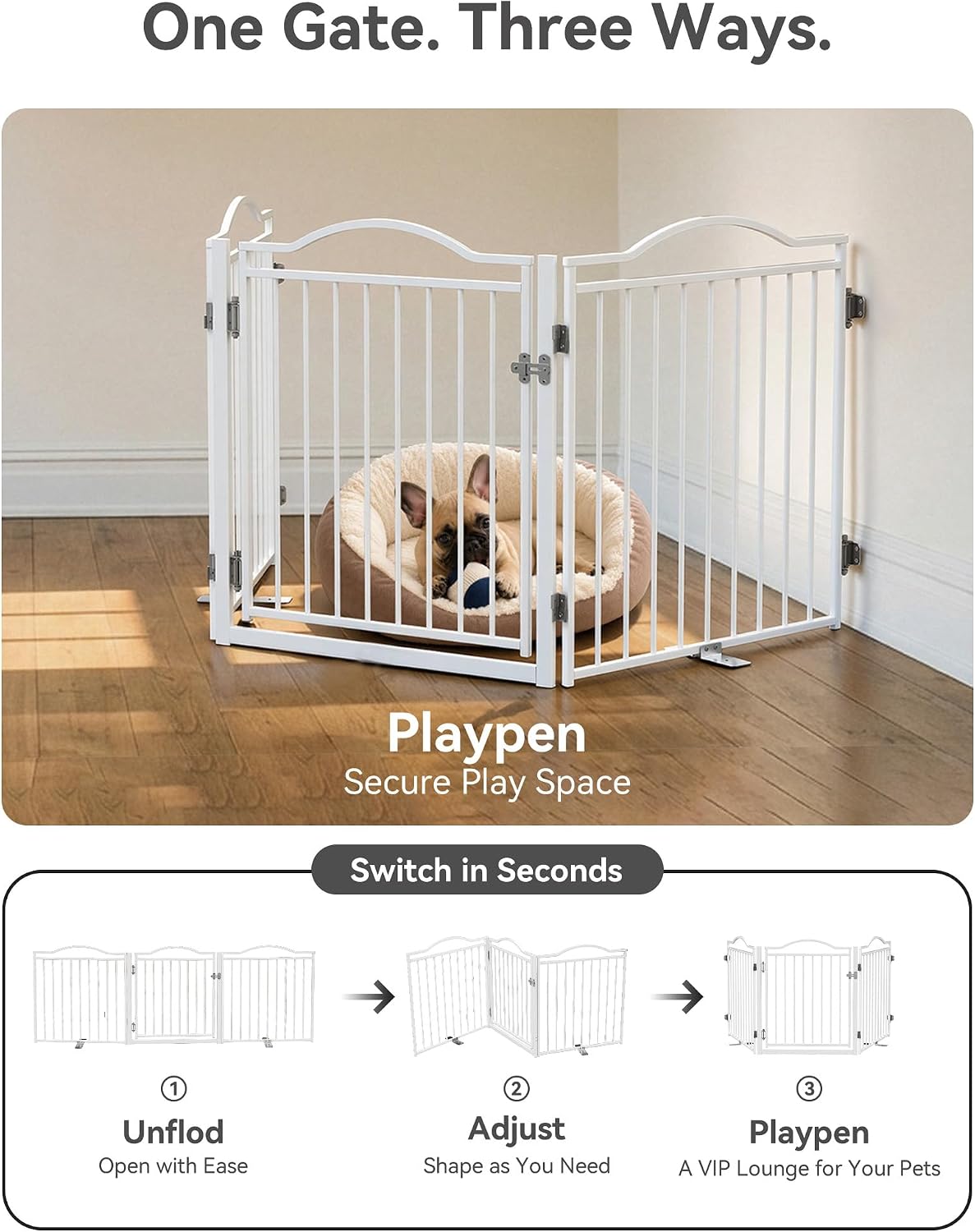 No Pawblems Free Standing Dog Gate & Dog Playpen, 3-Panel Foldable Metal Pet Fence with Door for Indoor Outdoor, Extra Wide Pet Gate for Stairs, Doorways, Deck, Yard, 78" W x 30 H, White