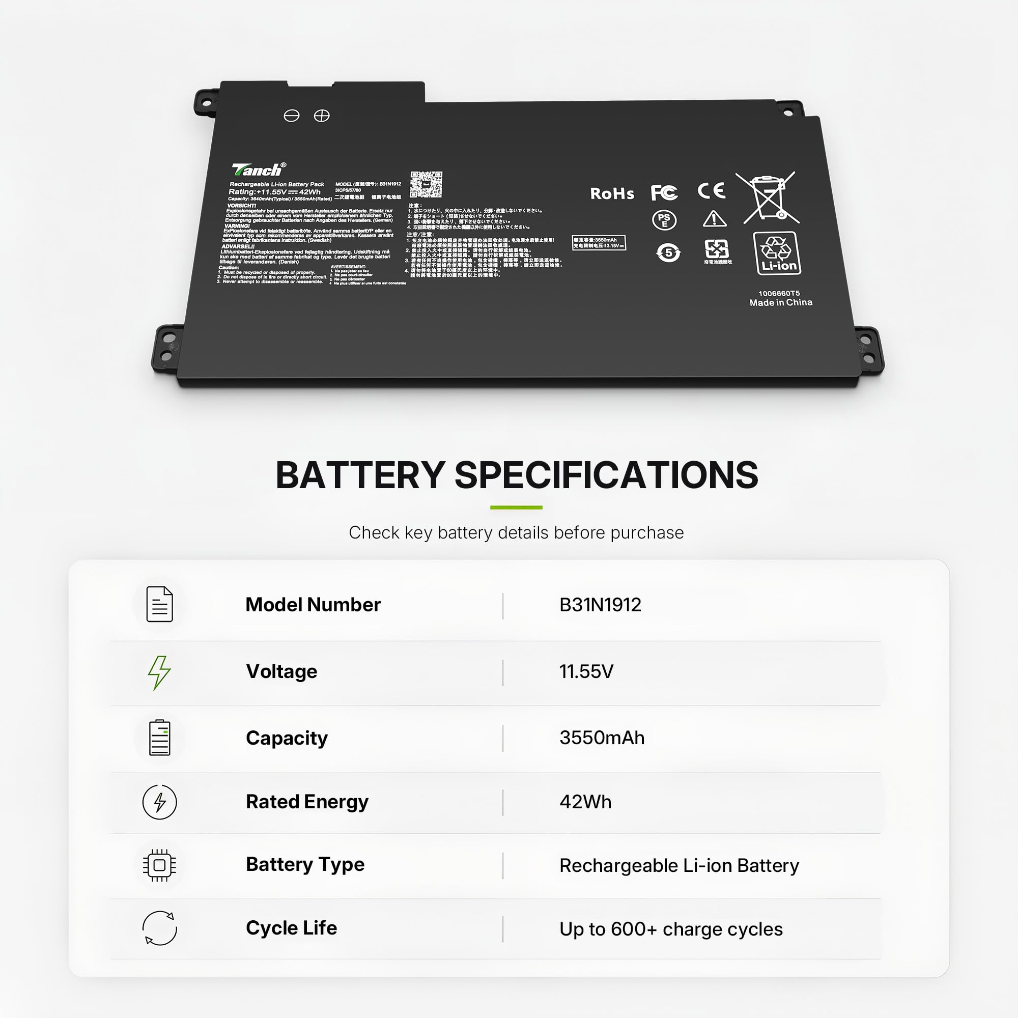Laptop Battery 0B200-03680200 B31N1912 0B200-03680000 Replacement