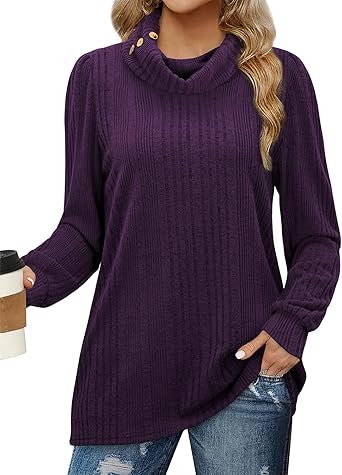 Bulotus Women's Turtleneck Tunic Sweaters Long Sleeve Ribbed Knit Comfy Loose Casual Fall Sweater