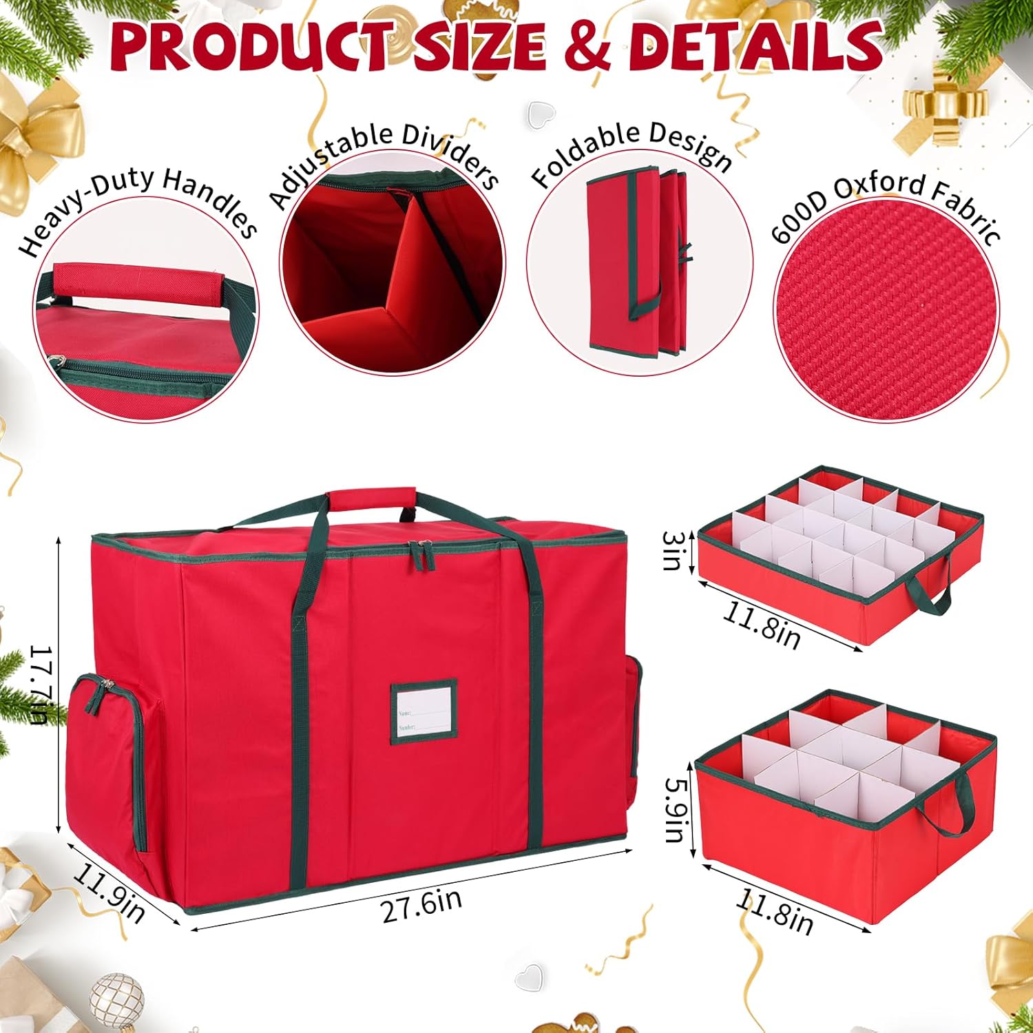 2-in-1 Christmas Ornament Storage Box & Xmas Figurine Container with Dual Zipper Closure Adjustable Dividers and Removable Trays Premium Christmas Ornament Storage Container, Red