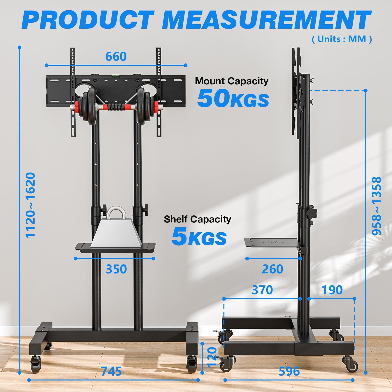 RFIVER TV Ständer Rollbar Fernsehständer, mit Rollen, Fernseher Wagen Staender Bodenstaender für 32 40 42 50 55 65 70 75 80 Zoll Hoehenverstellbar Schwarz | Max 50 KG Vesa 600x400 mm
