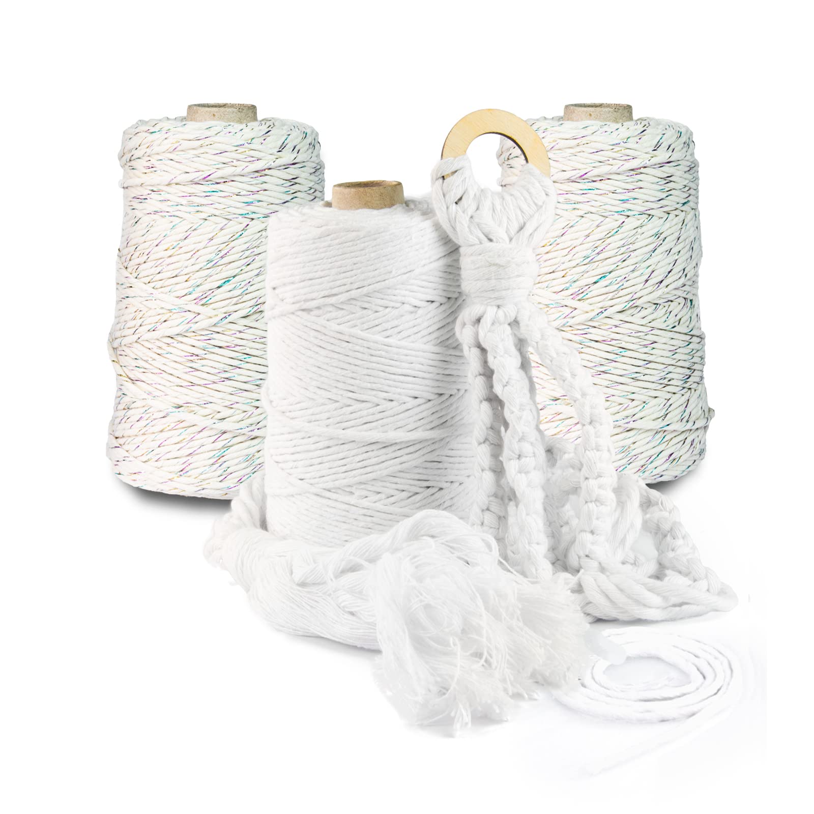 Hilo de macramé prémium, 800 m, 3 mm, color beige con hilo multicolor, 100 % algodón, cordón natural, hilo de algodón, decoración para manualidades