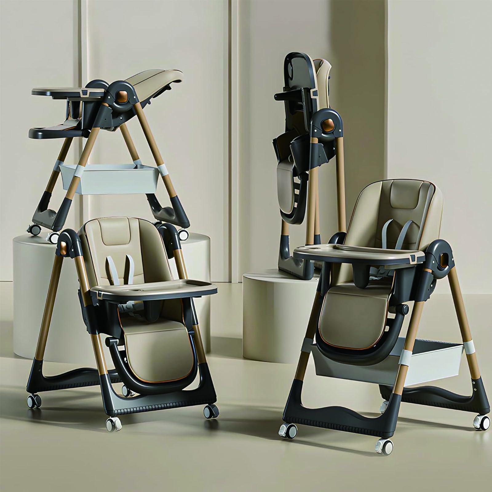 Rmoutf Baby High Chair, 3 in 1 High Chair for Babies and Toddlers - Detachable PU Cushion and Double Tray, Multifunctional Kids Feeding Chair with Safety Belt, for 6 Months to 4 Years Baby (champagne)