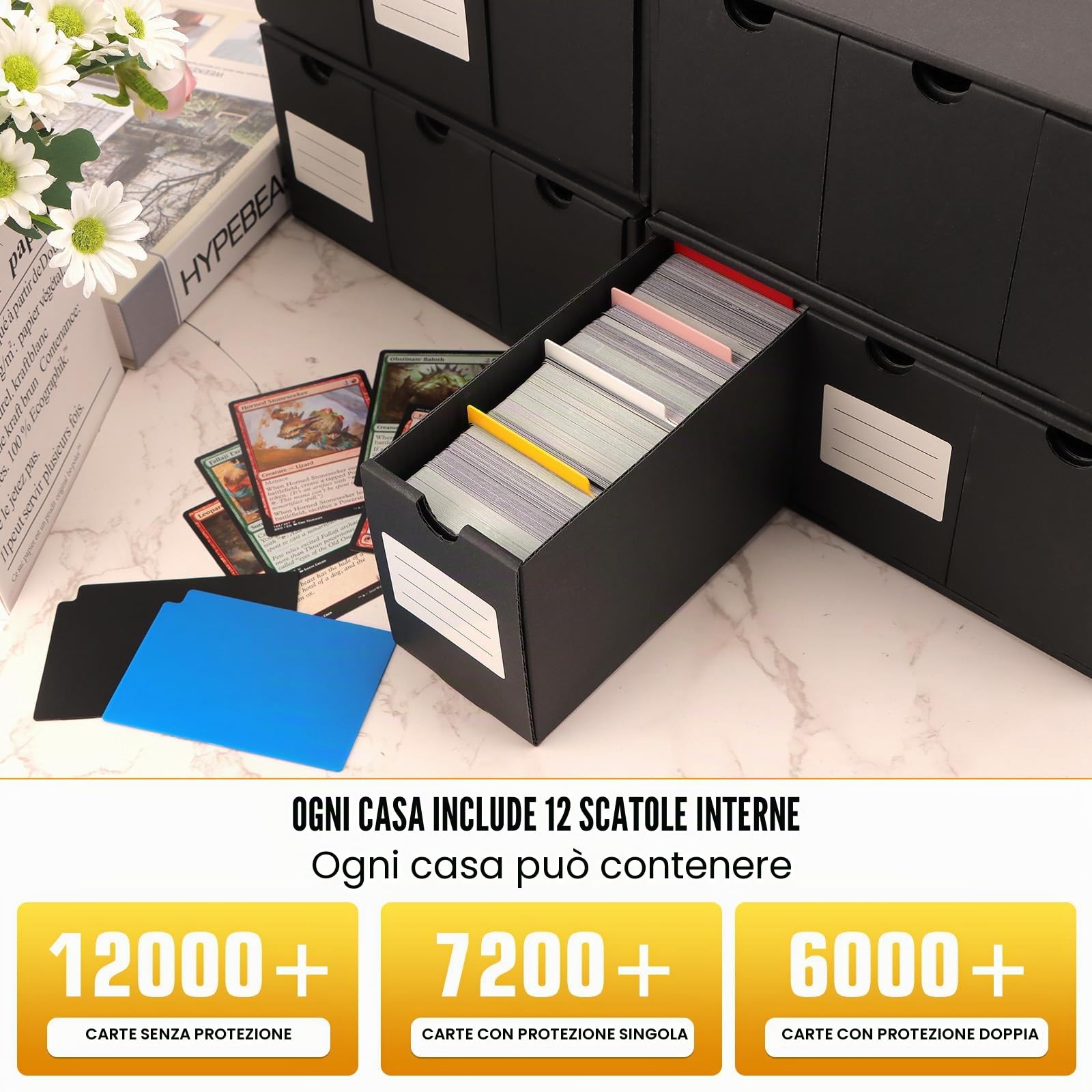 Deck Box per Carte Mtg,Scatola Carte Pokemon Collezionabili da 12000+ Toploader con 48 Divisori,Etichette e Nastro Adesivo,Contenitore Carte Pokemon per Carte TCG MTG YuGiOh