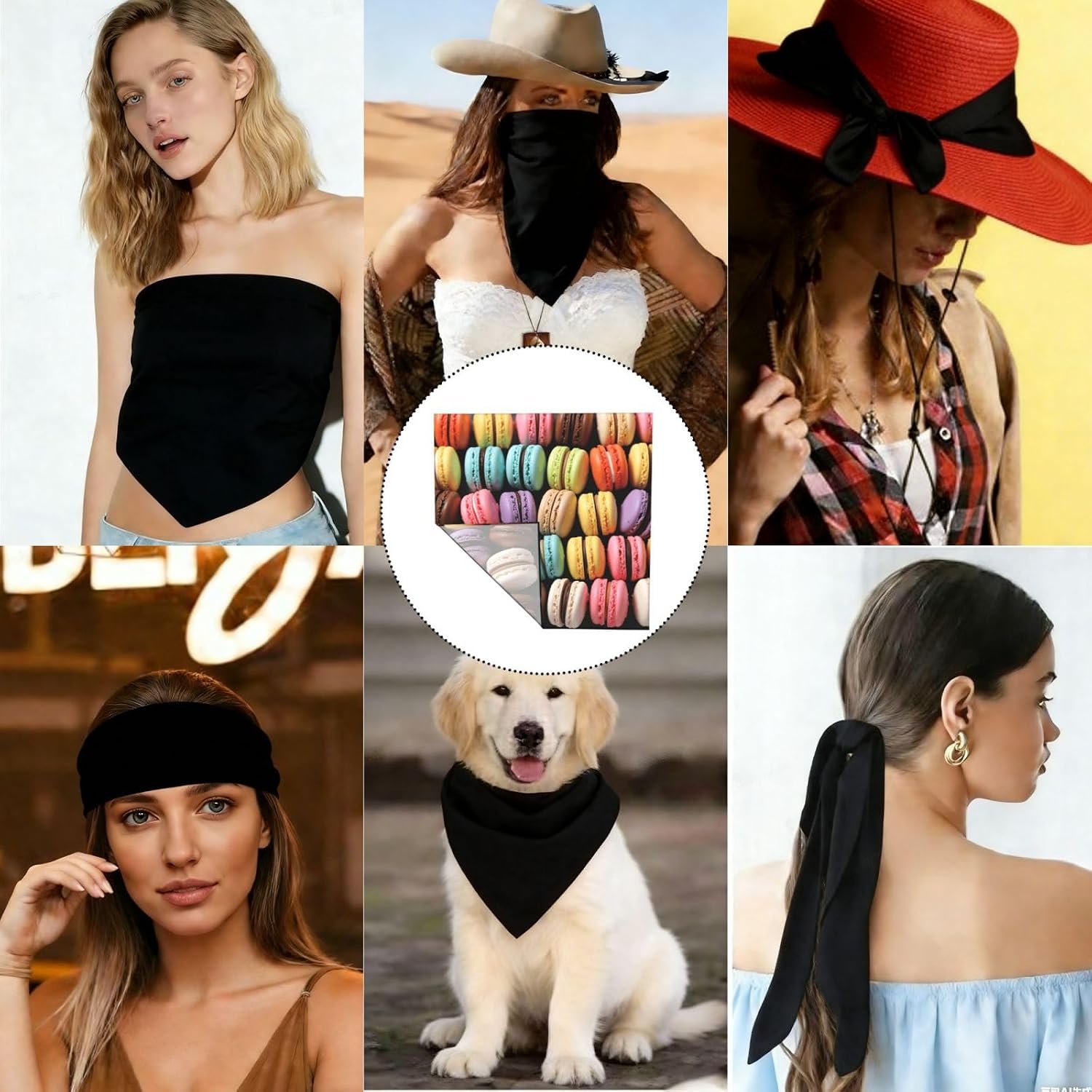 Cooling Bandanas for Men Women Square Hair Scarf 22" x 22" Novelty Headband Macaron Biscuit Flavored Pastries Neckerchief