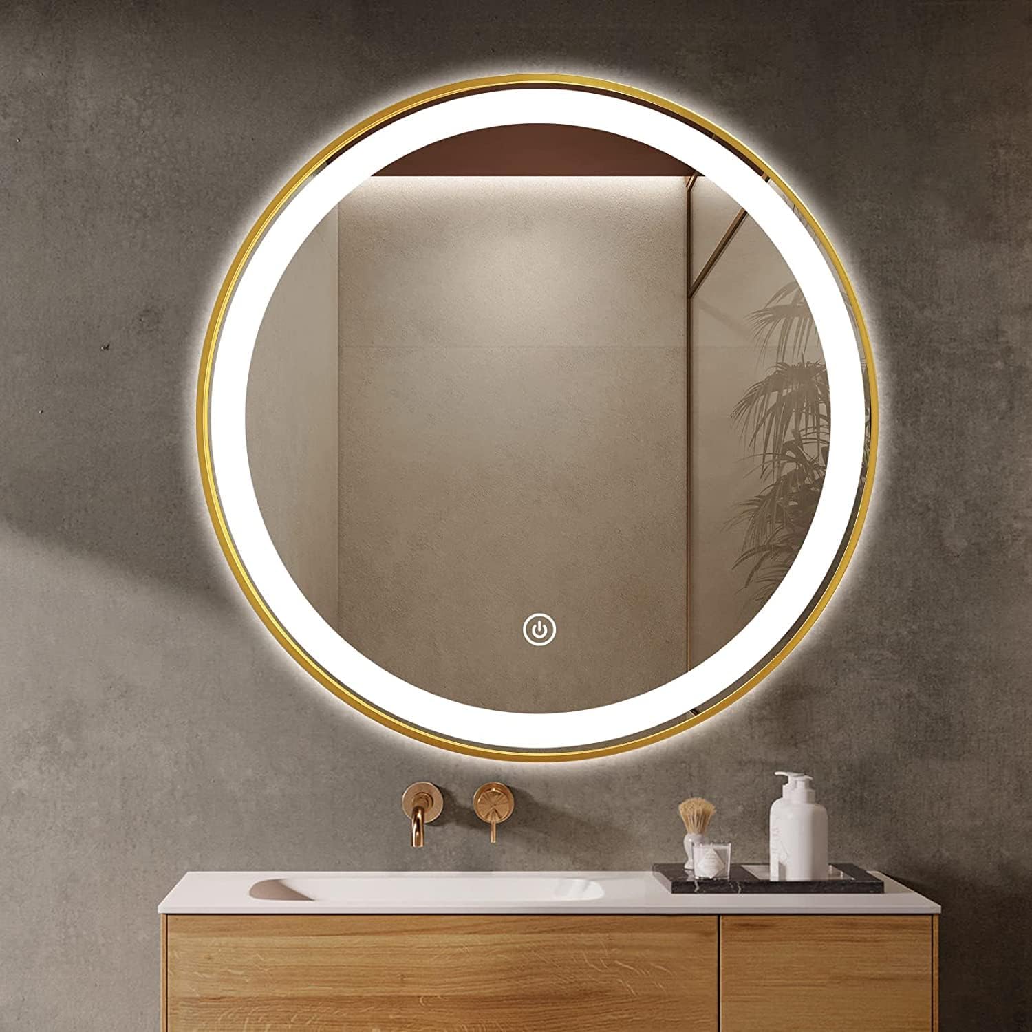 Round LED Bathroom Mirror, Beveled Edge Frameless Wall Mount Bathroom Vanity Mirror with 3-Color and Anti-Fog, 24 Inch, Silver