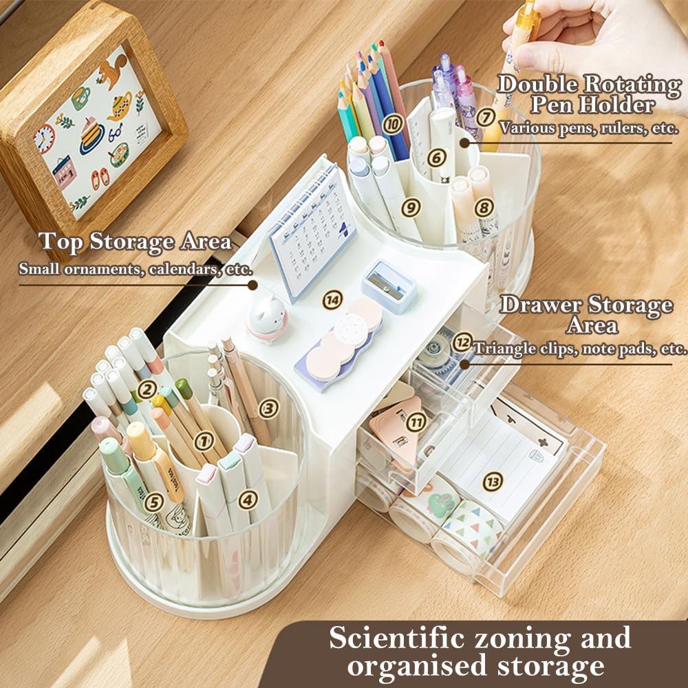 NUODWELL Double Rotating Desk Organiser with 3 Drawer, Desk Tidy Organiser with Pencil Holder, Large Capacity Desktop Stationary Storage Box for Office Home Art Supplies (White) 6 71ooWI8TIPL. AC SL1000