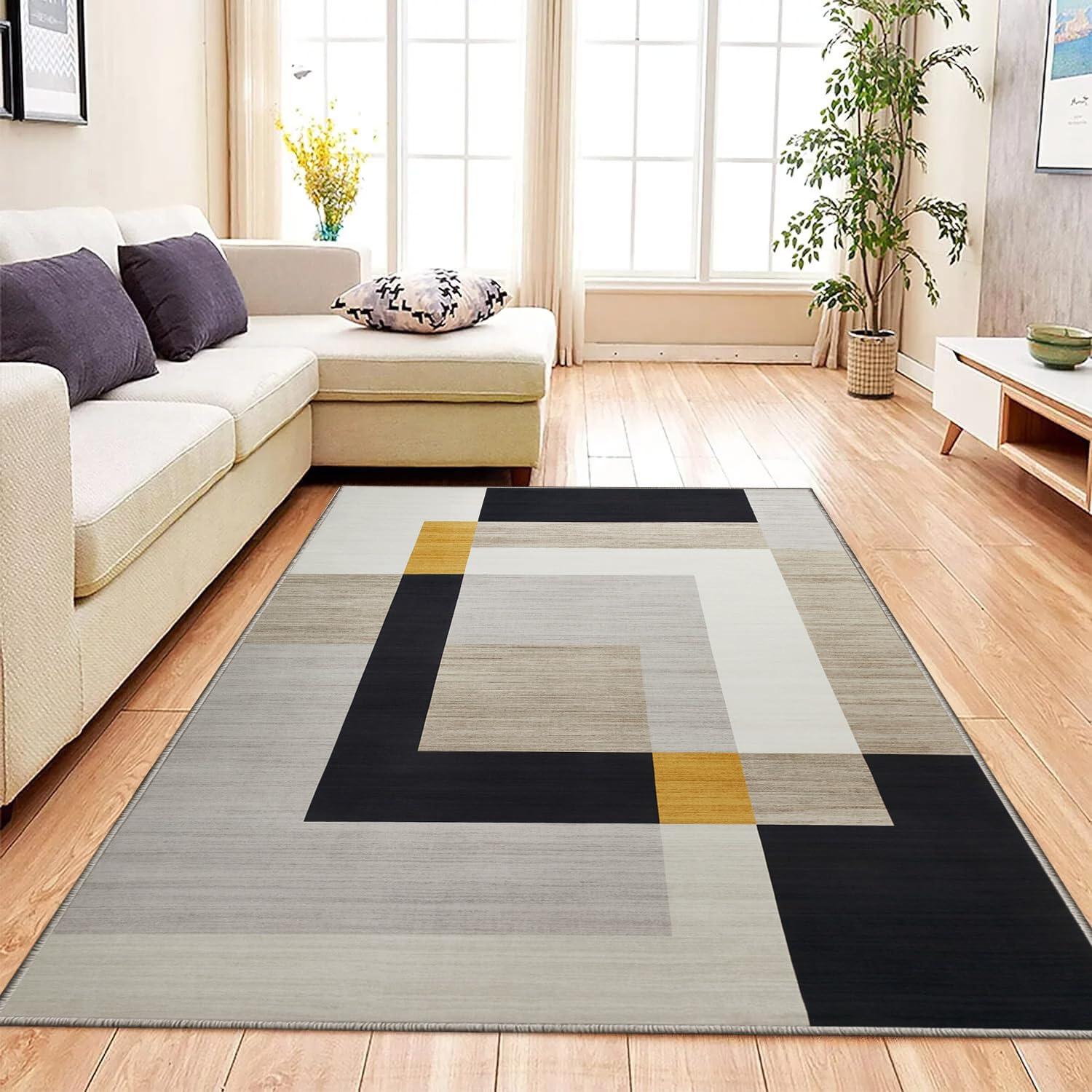 Aspire Homeware Rugs living room Bedside Rug 80 x 150 cm – Non-Shedding Floor Playing Mats for bedroom Lounge – Super Soft Geometric Style Printed Black and Yellow Rugs (Milo)
