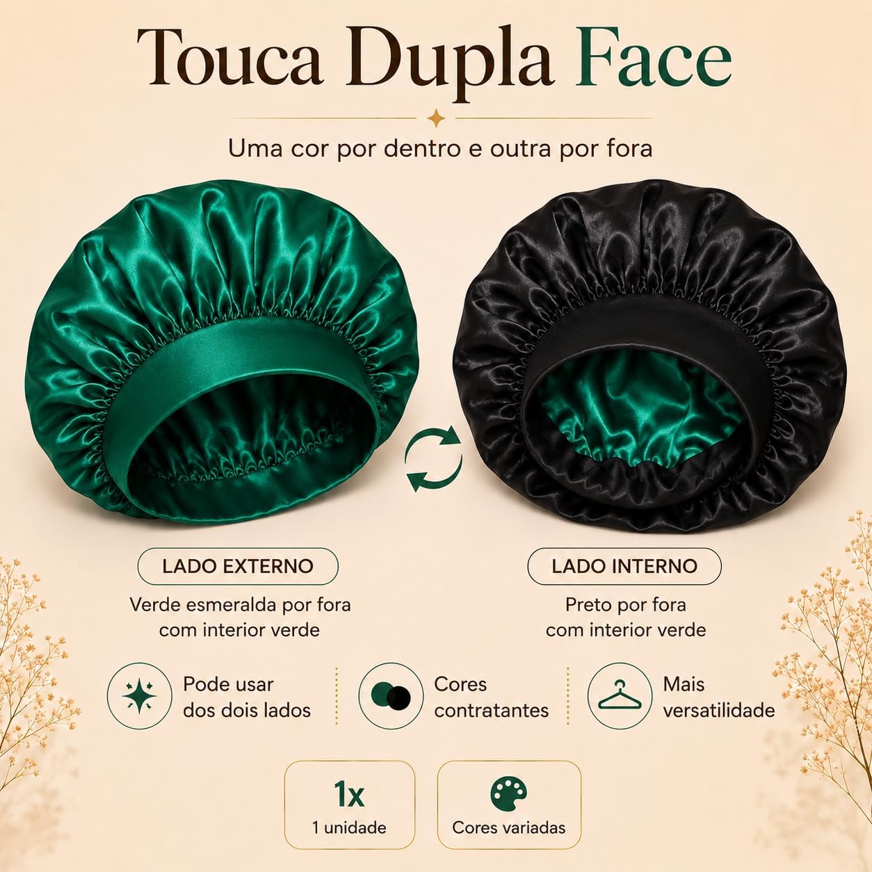 Touca de Cetim Premium Dupla Face com Faixa Larga, 32 Centímetros