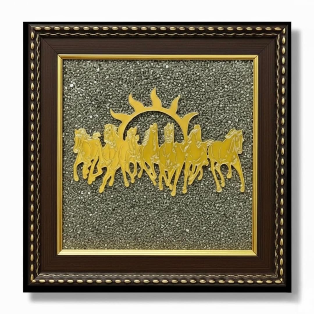 Soulwise Seven Horses with Rising Sun Wall Frame on Natural Pyrite Base – Original Pyrite Frame Vastu Wall Decor for Good Luck, Prosperity & Success | Running Horses Photo Frame for Living Room, Office & Gifting.