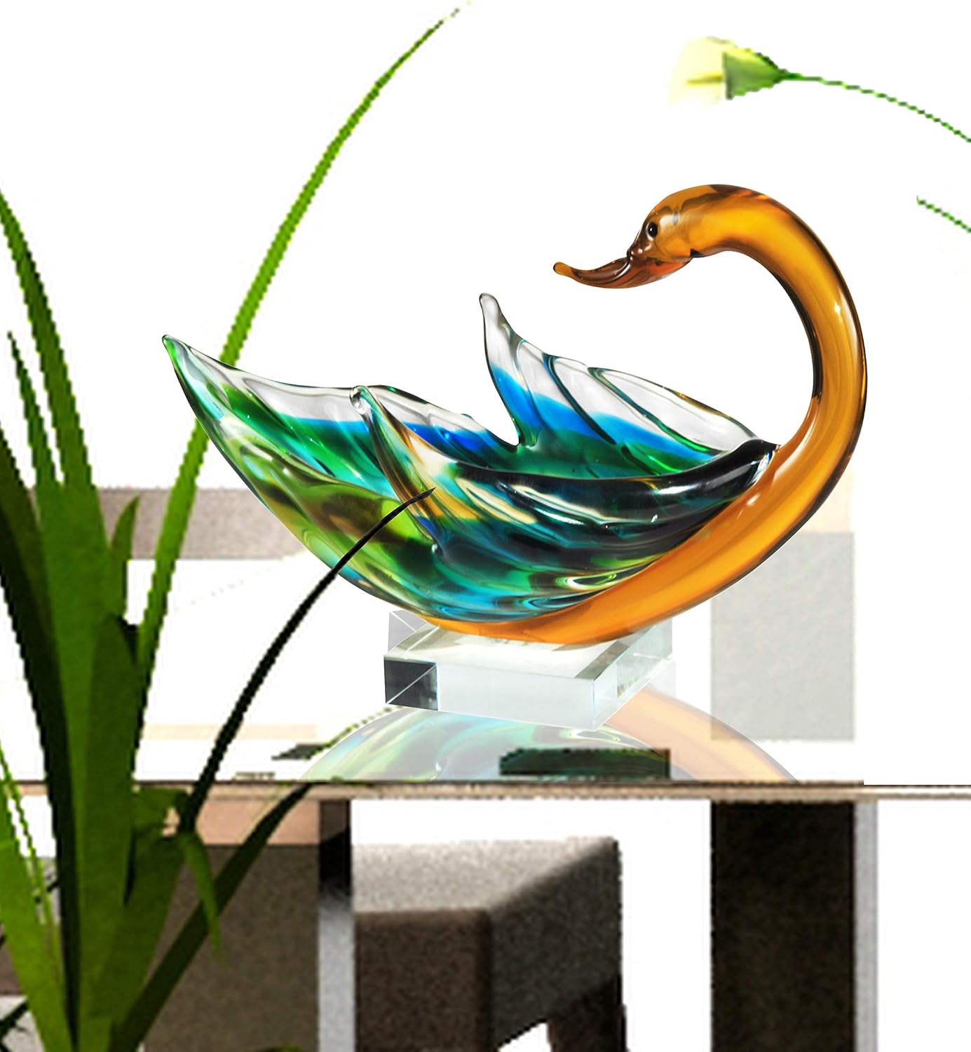 Dale Tiffany Swan Bowl Handcrafted Art Glass Sculpture
