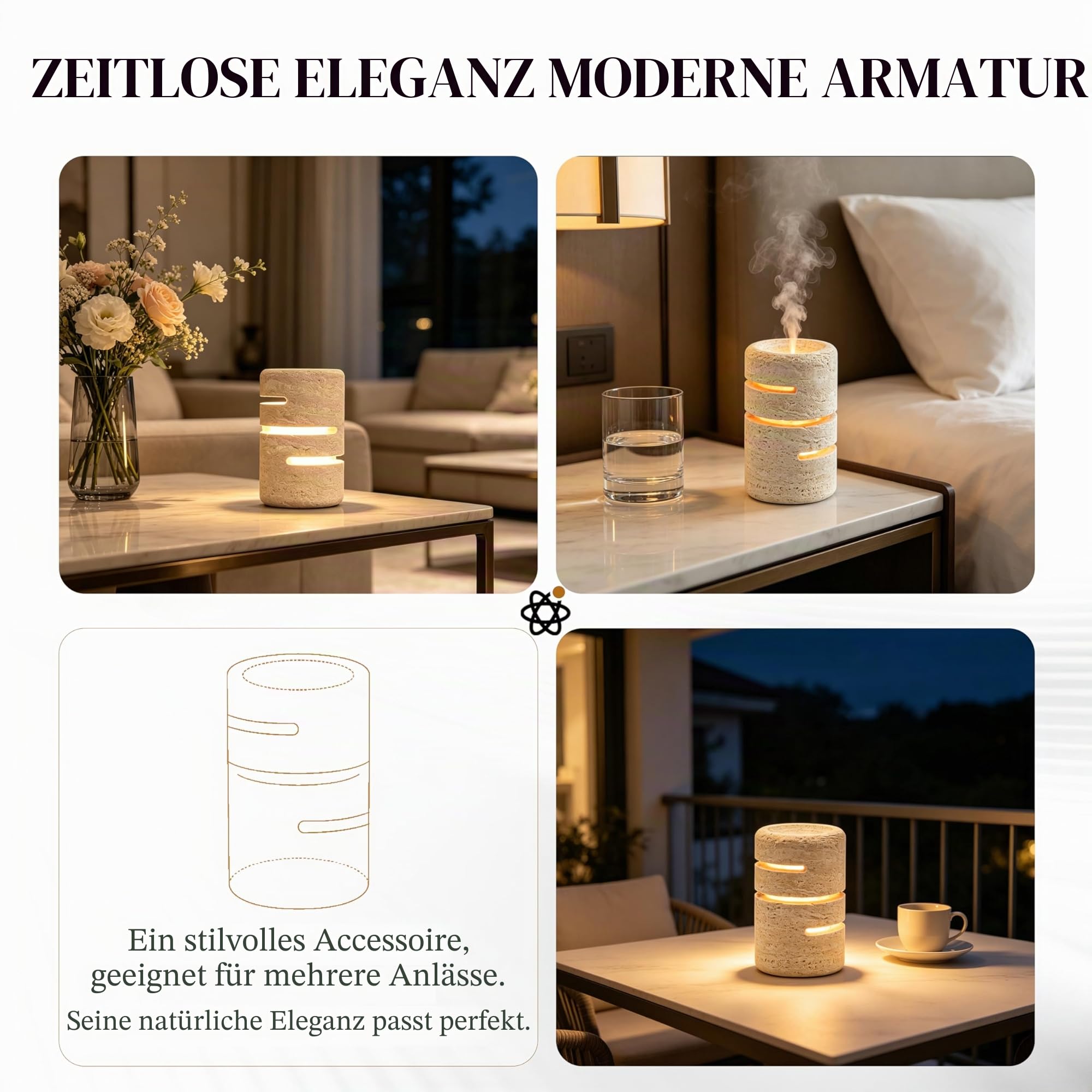 Marmor Nachttischlampe Dimmbar aus Travertin,Wiederaufladbare LED Tischleuchte,Steinlampe Rechargeable Lamp, Ambiente Lampe