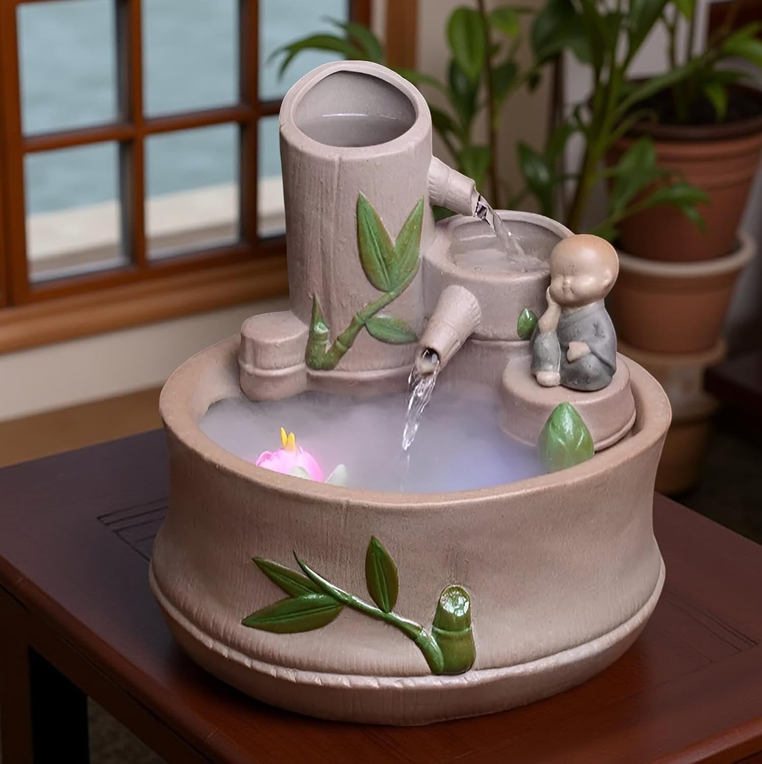 8.66" Bamboo Indoor Desktop Fountain with 3-Tier Waterfall, Frog Ornament & Humidifying Mist, + Free 10 Natural Crystals – Resin Tabletop Fountain & Office Meditation (FrogBamboo-Mist)(Frogbamboo-mist