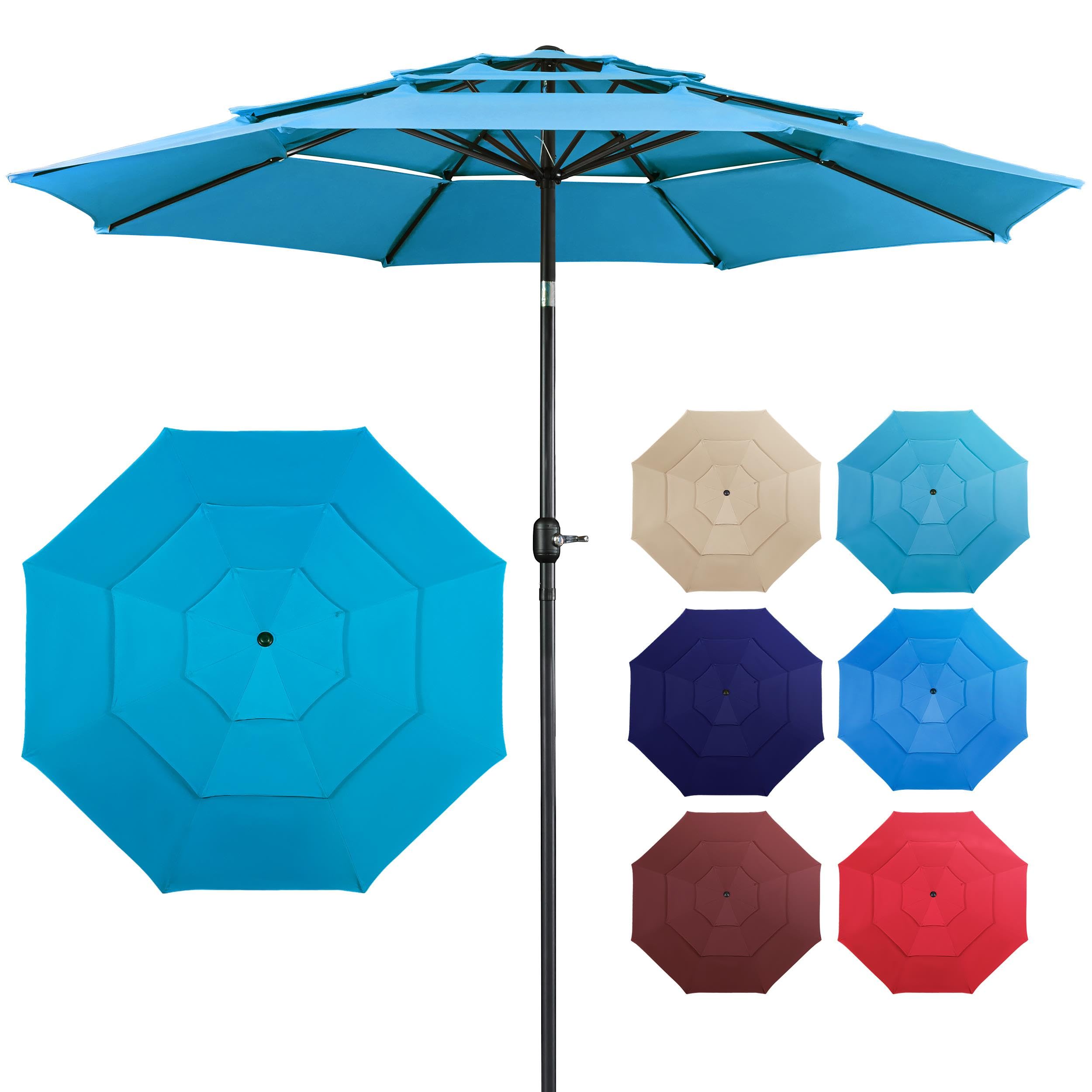 Yaheetech 3-Tier Patio Parasol 10ft Vented Outdoor Canopy Sun Shade Large Market Table Umbrella Double-layer Cloth & Push-button Tilting for Yard/Garden/Park Sky Blue