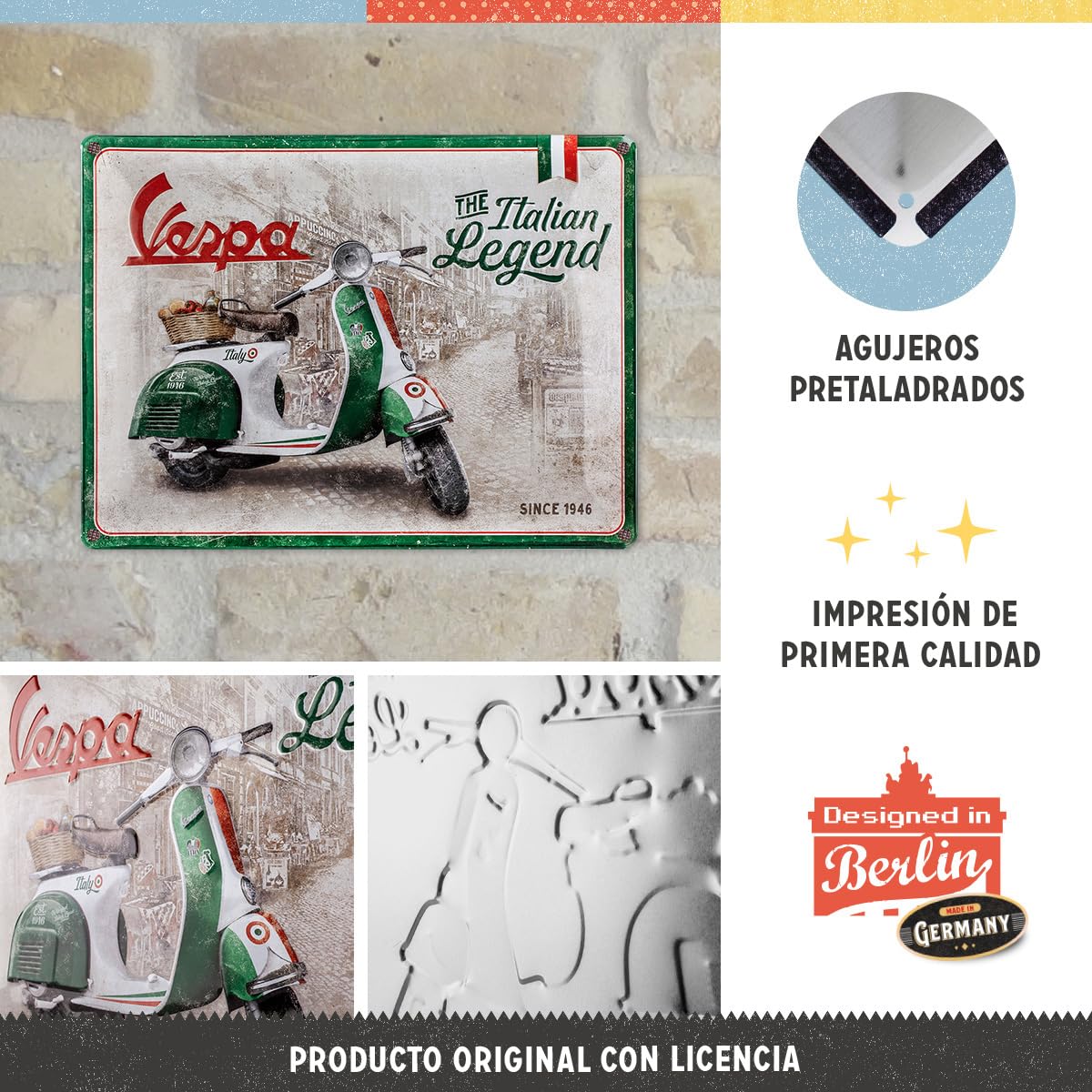 Nostalgic-Art Cartel metálico retro, 30 x 40 cm, Vespa – Italian Legend | original Vespa license product (OLP), de metal, diseño vintage, Idea de regalo para fans de Vespa