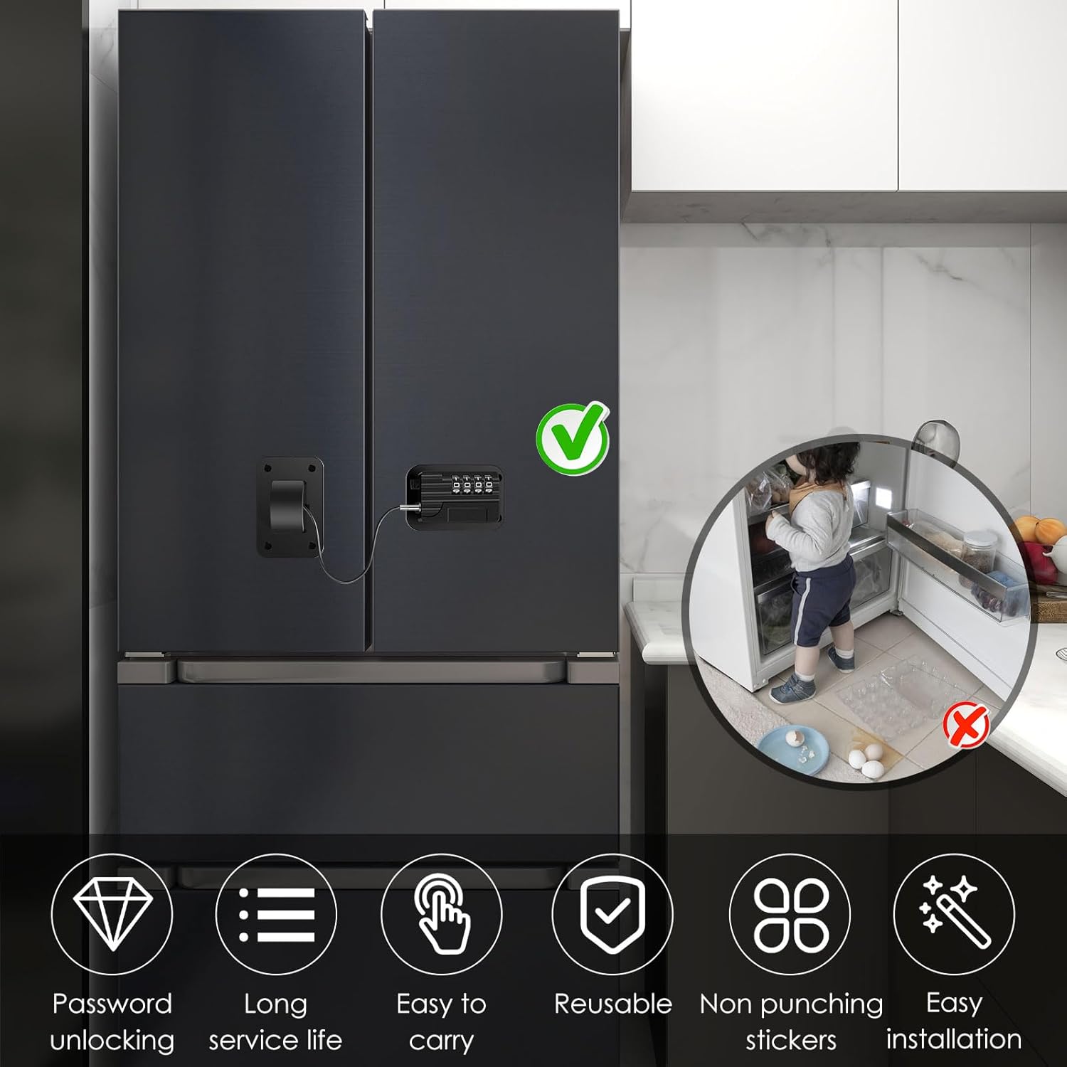 4 Pack Refrigerator Lock, Heavy Duty Refrigerator Locks Kit with Password, Drill-Free Childproof Cabinet Fridge Locks, Safety Freezer Combination Lock for Refrigerator Cabinets Drawers Window, Black