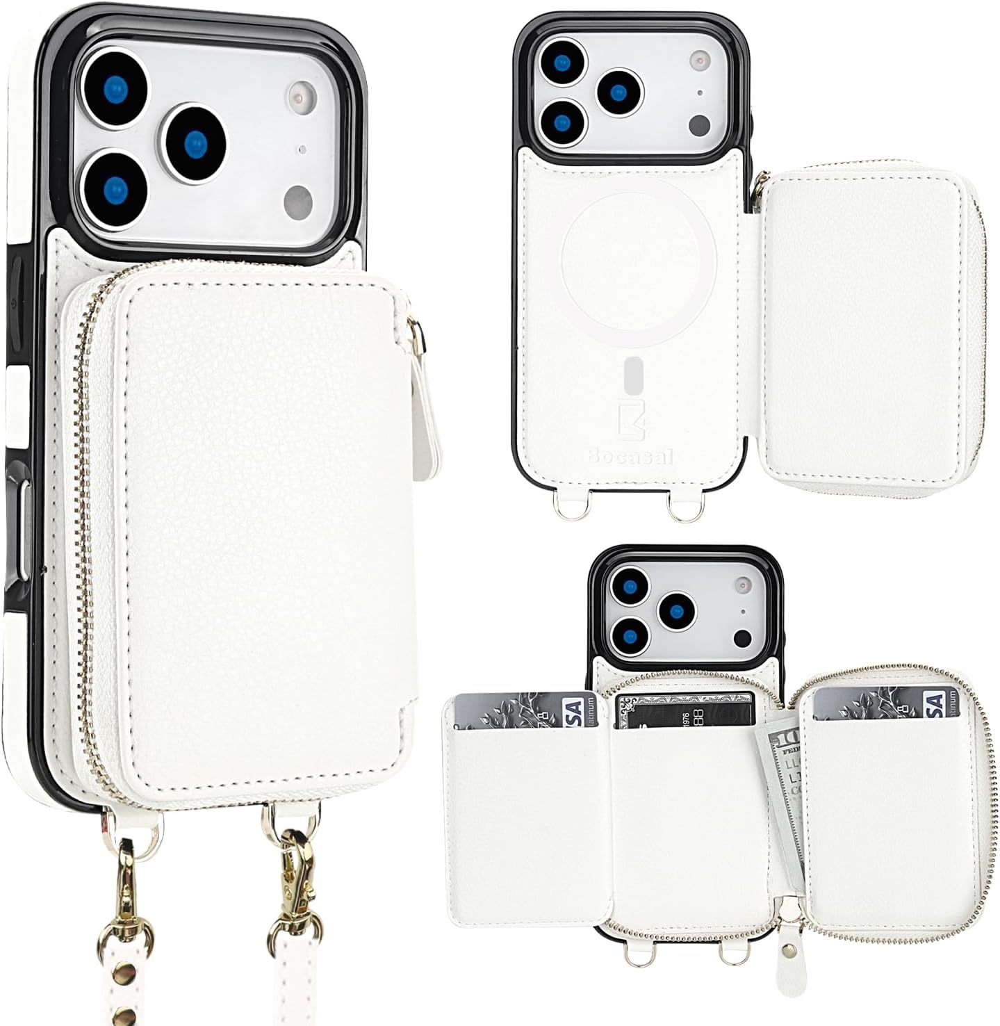 Bocasal for MagSafe Crossbody Wallet Case Compatible with iPhone 17 Pro, RFID Blocking Protective Purse Case with Card Slots Holder Kickstand Wrist Strap Lanyard Zipper 6.3 Inch 5G (White)