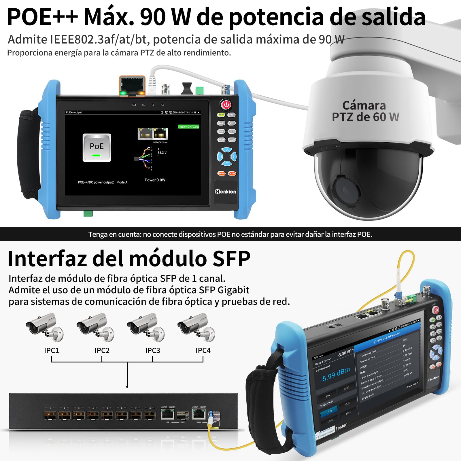 Henkion Probador de Cámara CCTV Monitor, Tester IP 8K 32MP 4K 12MP con PoE++ 90W, Pantalla Táctil IPS 7" Probador de Cables Herramientas de Red con Interfaz SFP IPC-9800CPro y Rastreador de Cables