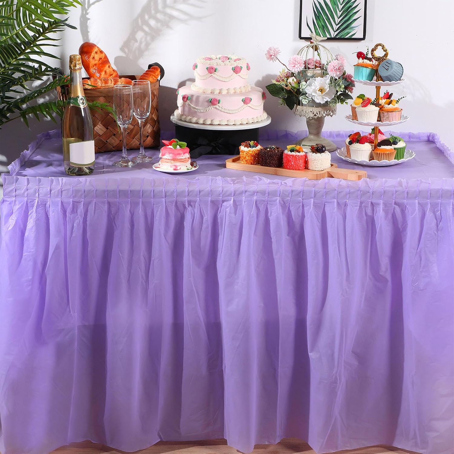 Oudain 6 Pcs Plastic Table Skirts and Stainproof Table Cloths 54 x 108 in Plastic Ruffle Tablecloth 168 x 29 Inches Disposable for Wedding Baby Shower Valentine Spring Easter Party(Purple)