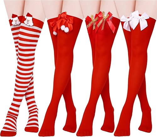 Miniatura 2 de 4 Pairs Christmas Thigh high Socks Red and White Stripe High Socks with Bow over Knee Stockings Candy Canes Stocking