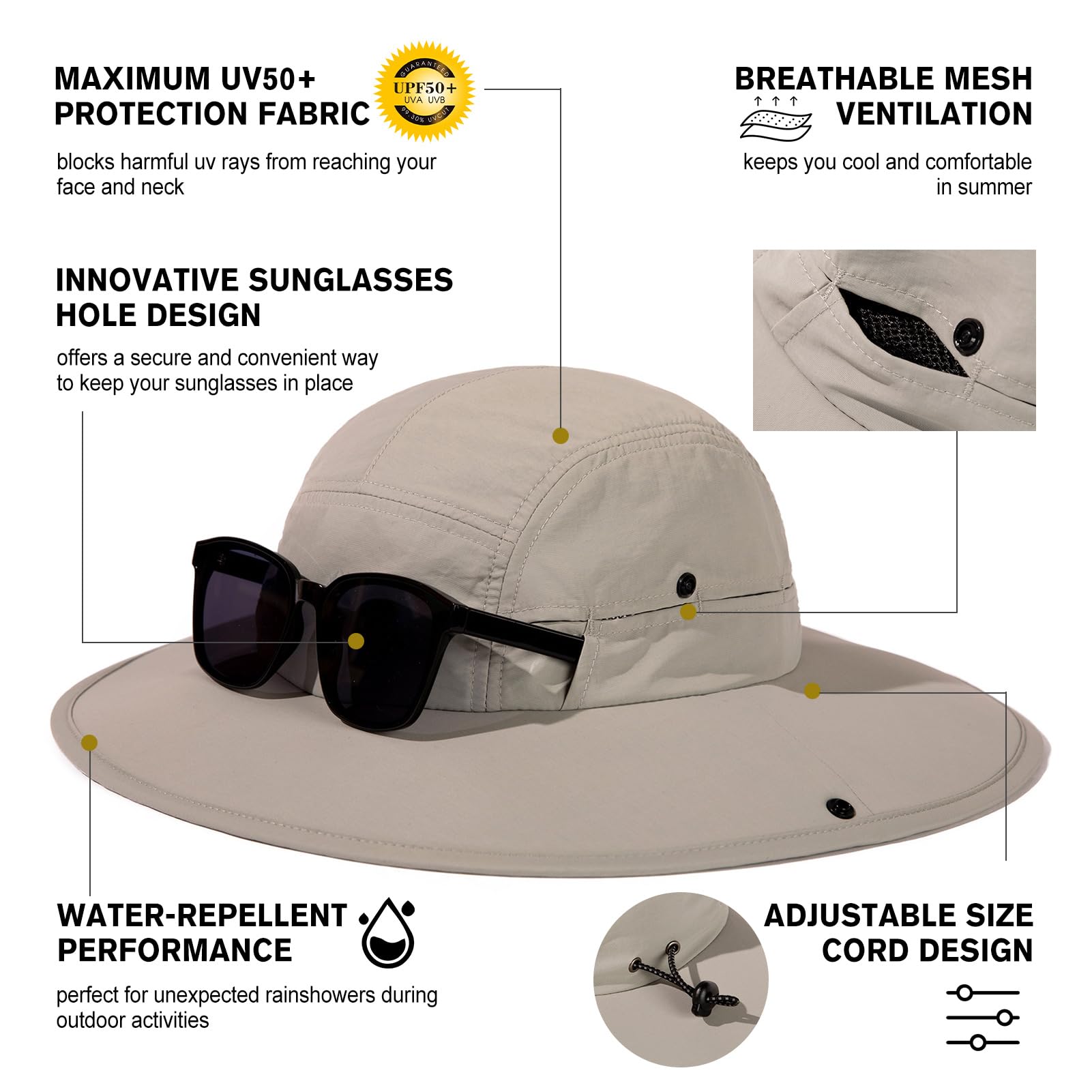 TOP-EX Chapeau de soleil surdimensionné XL XXL à large bord UPF50+ respirant, imperméable, pliable, pour le golf, la randonnée, l'extérieur, pour homme et femme