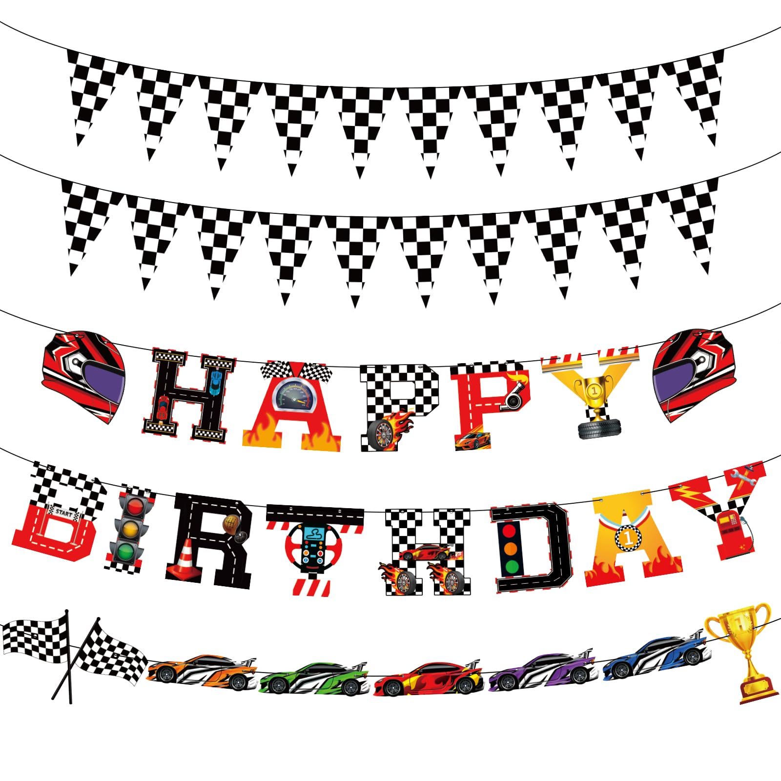 Racing Car Theme Happy Birthday Banner, Race Car Party Decor Kit with Checkered Flag Pennants, Car Theme Garlands for Racing Birthday Party, Baby