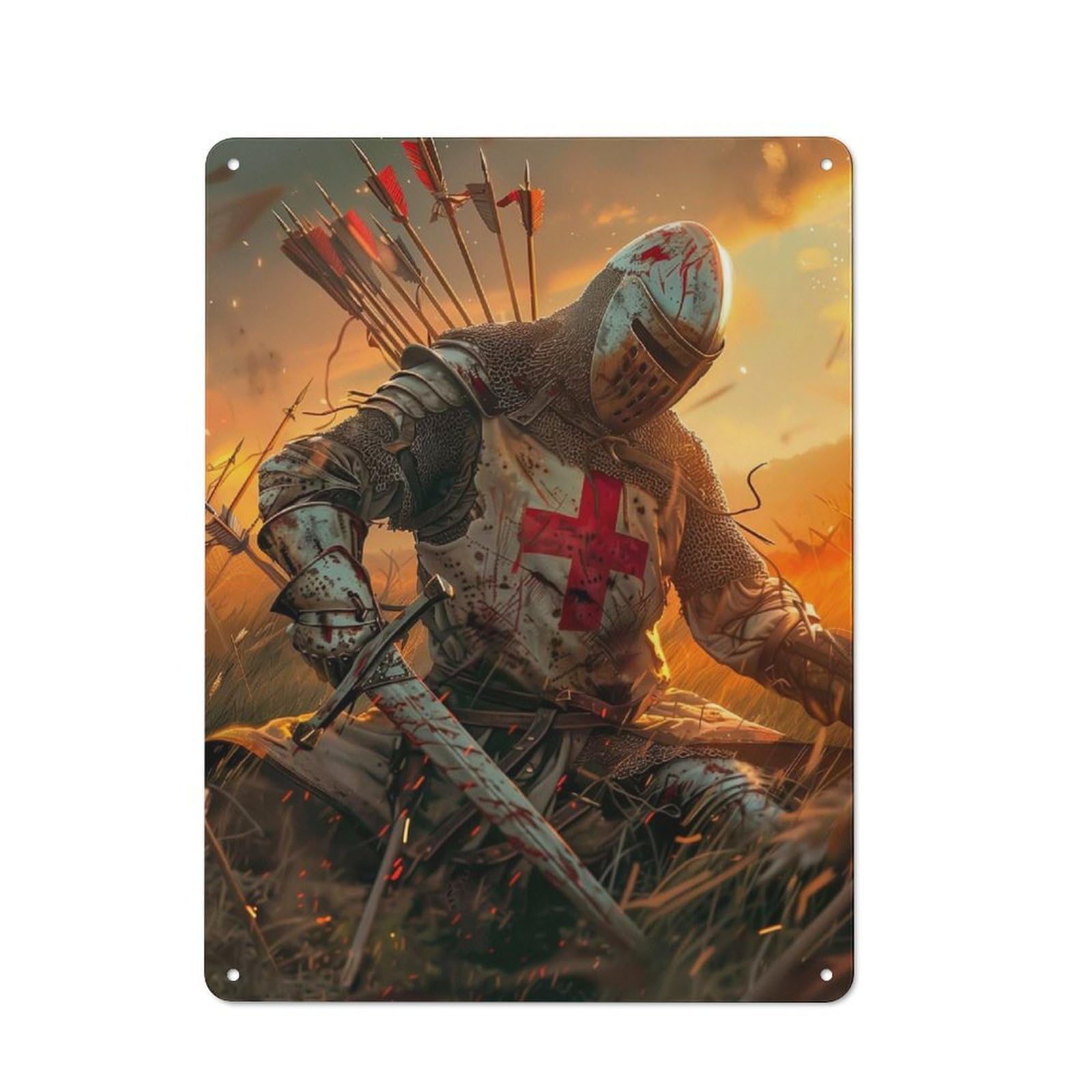 Vintage Tin Sign 40x30cm with The Fallen Crusader for Guest Room Or Hallway, for Collectors Decorating Guest Rooms And Hallways