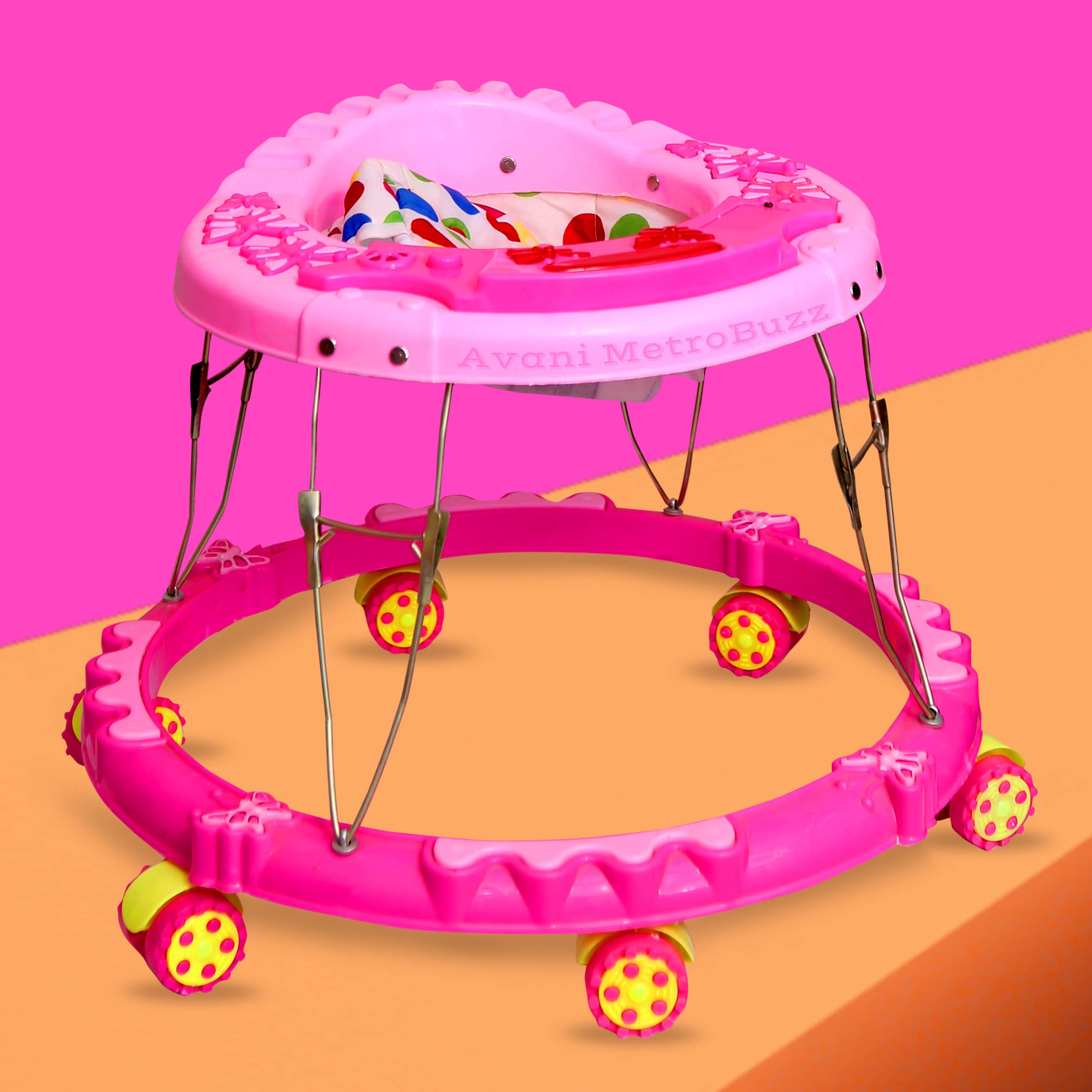 Avani Metrobuzz Baby Walker Multi-Function Musical Foldable Walker with Music Toys Bar for Kids Male and Female Baby Walker 6 Months to 1.5 Year (Pink)