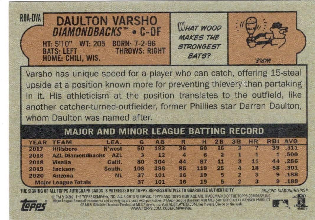 Daulton Varsho Autographed Real One Autograph Rookie Card Collectible Baseball Card - 2021 Topps Heritage Baseball Card #ROA-DVA (Diamondbacks) Free Shipping