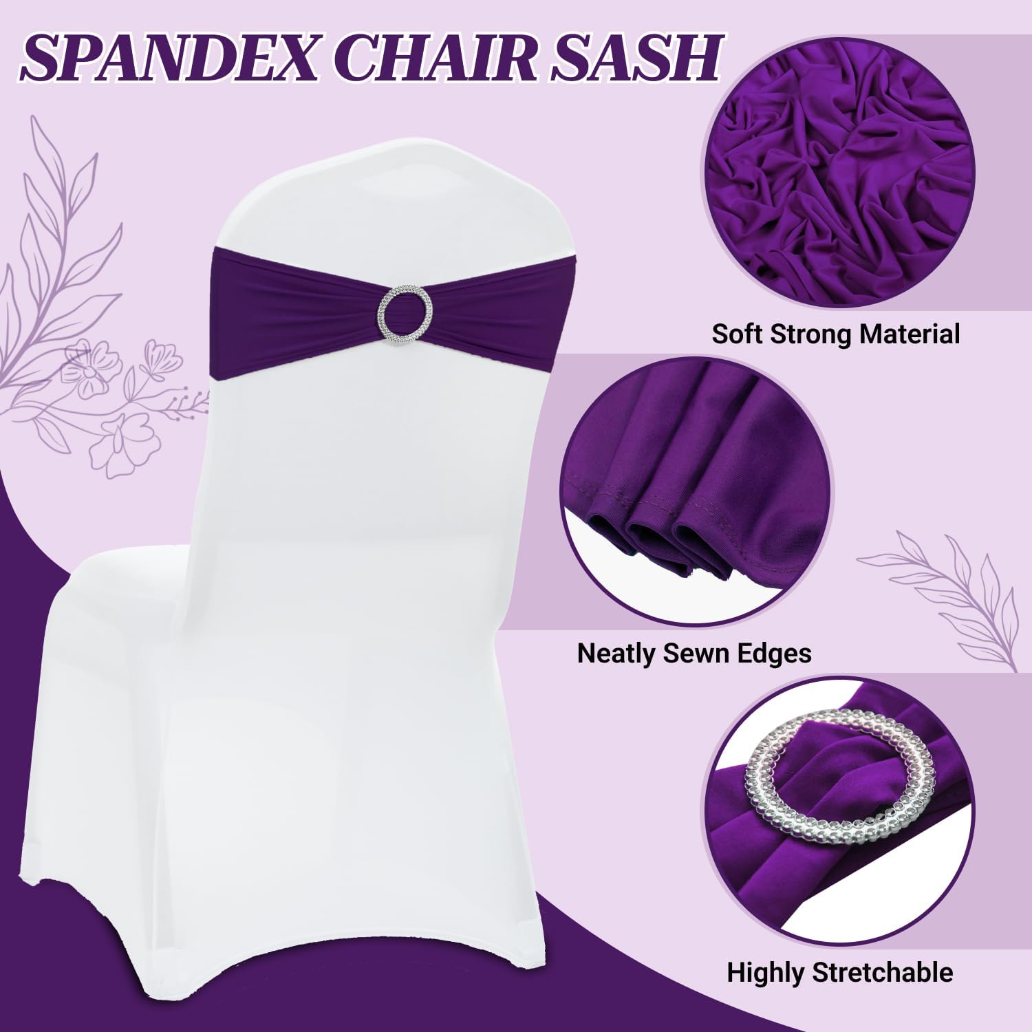 MDS Pack of 100 Spandex Chair Sashes Bow Premium Stretch Chair Cover Band with Buckle Slider Universal fits Elastic Dining Chair Ties for Wedding Party Banquet Events Decoration - Purple