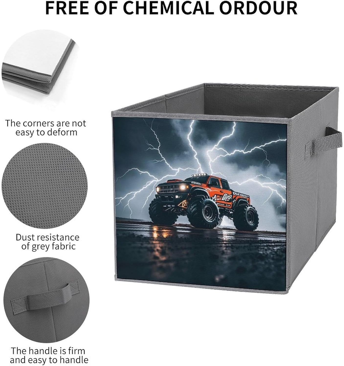 Monster Truck Black Sky Lightning Roar Foldable Storage Box with Handles, Durable Oxford Storage Cubes, 2PCS Collapsible Closet Organizer for Home, Shelf, Office, Travel