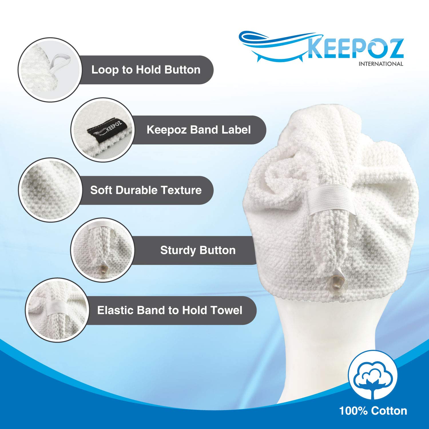 KEEPOZ Ręcznik do włosów, szybkoschnący, 100% bawełna, super chłonny, turban, opaska na głowę dla kobiet z guzikiem, produkty zapobiegające puszeniu się włosów, czepek do włosów kręconych, długich i