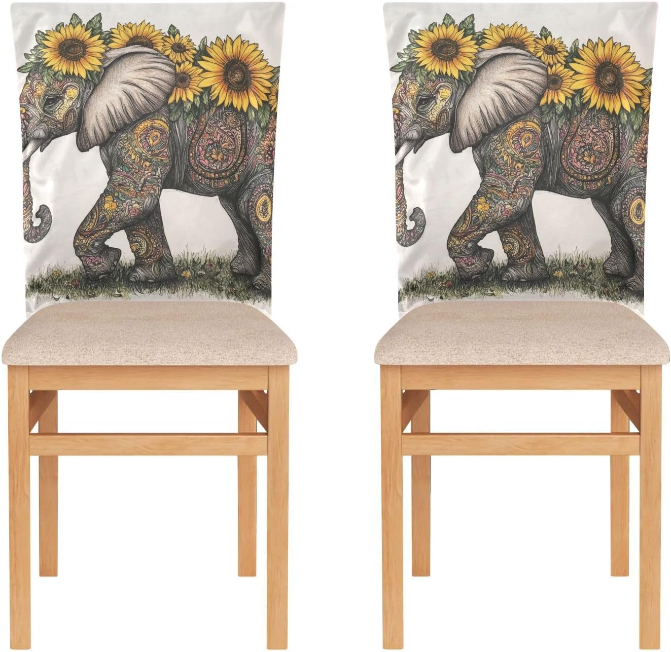 ALAZA Boho Elephant Sunflowers Chair Back Cover Set of 6, Washable Reusable Removable Chair Slipcovers Decorative Chair Cover for Home Kitchen Wedding Party